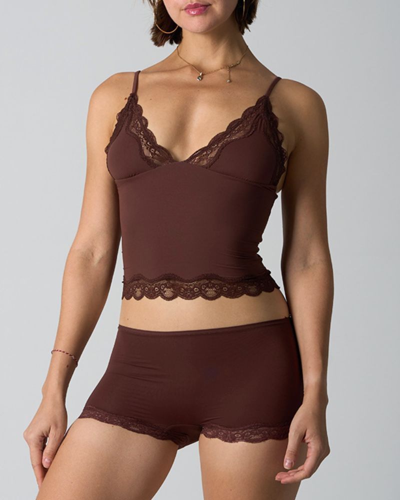Duniii Lace Trim Crop Cami & Shorts Set