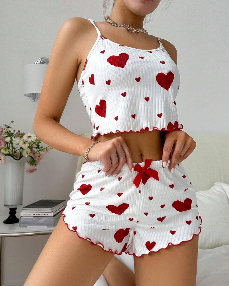 Duniii Heart Print Lettuce-Trim Cami & Shorts Pajama Set
