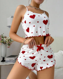 Duniii Heart Print Lettuce-Trim Cami & Shorts Pajama Set