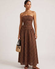 Vintage Polka Dot Strapless Ruffle Maxi Dress