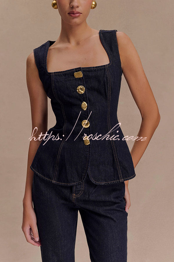 Denim Square Neck Sleeveless Button-Up Vest Top