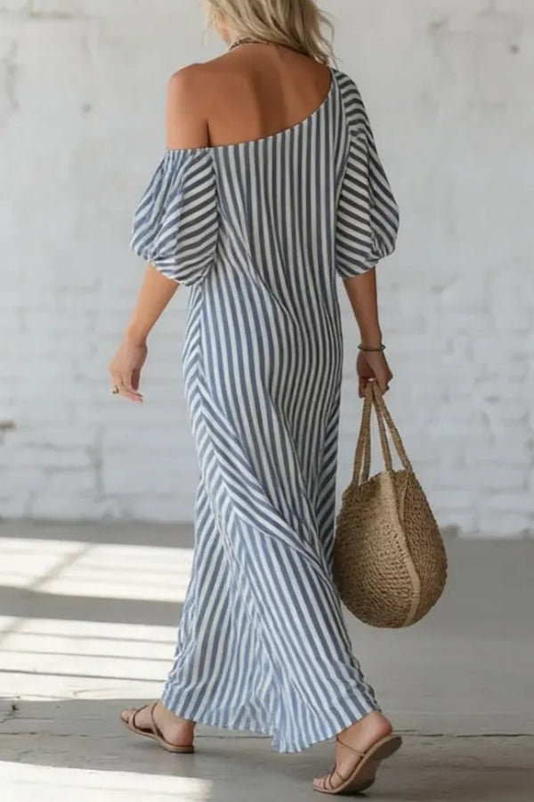 Striped Puff Sleeve Slash Neck Casual Maxi Dress