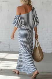 Striped Puff Sleeve Slash Neck Casual Maxi Dress