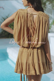 Linen Blend Draped Mini Dress with Braided Belt Detail