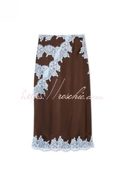 Chocolate Brown Satin Lace Trim Mid Rise Maxi Skirt