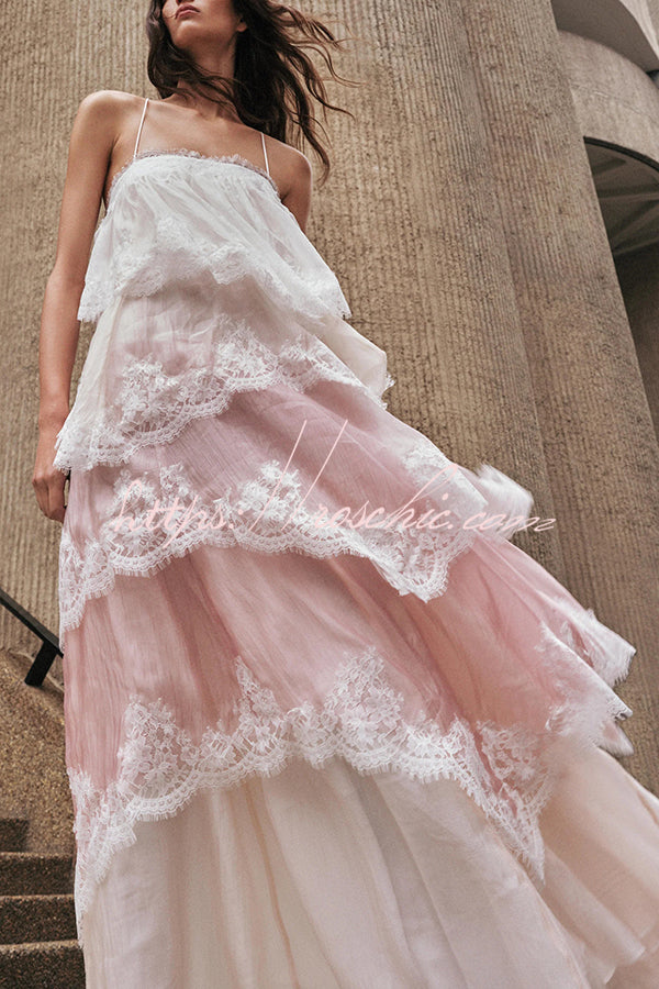 Gradient Lace Trim Tiered Maxi Dress with Adjustable Straps