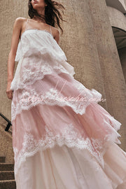 Gradient Lace Trim Tiered Maxi Dress with Adjustable Straps