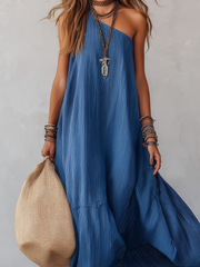 Royal Blue Striped Off-the-Shoulder Maxi Dress