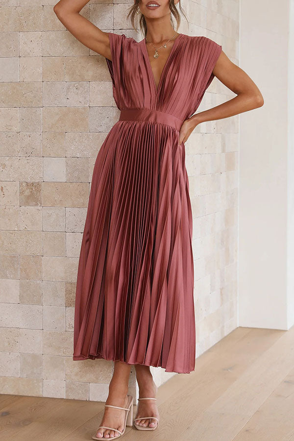 Satin Pleated Midi Dress – V-Neck Short Sleeve Party Dress