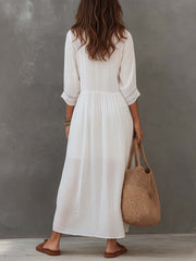 Lace-Trim Cotton Linen Shirt Midi Dress | Short Sleeve