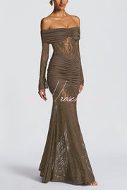 Off-Shoulder Lace Maxi Dress – Slim-Fit Long Sleeve