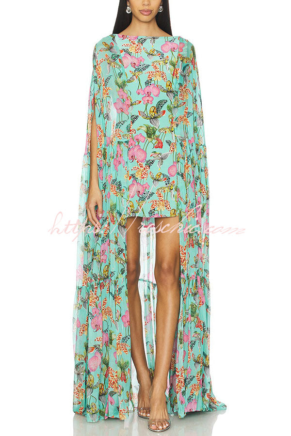 Floral Print High Low Cape Maxi Dress for Party & Vacation