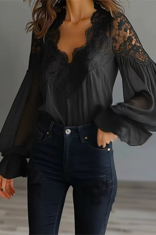 Patchwork Lace V-Neck Puff Sleeve Loose Shirt