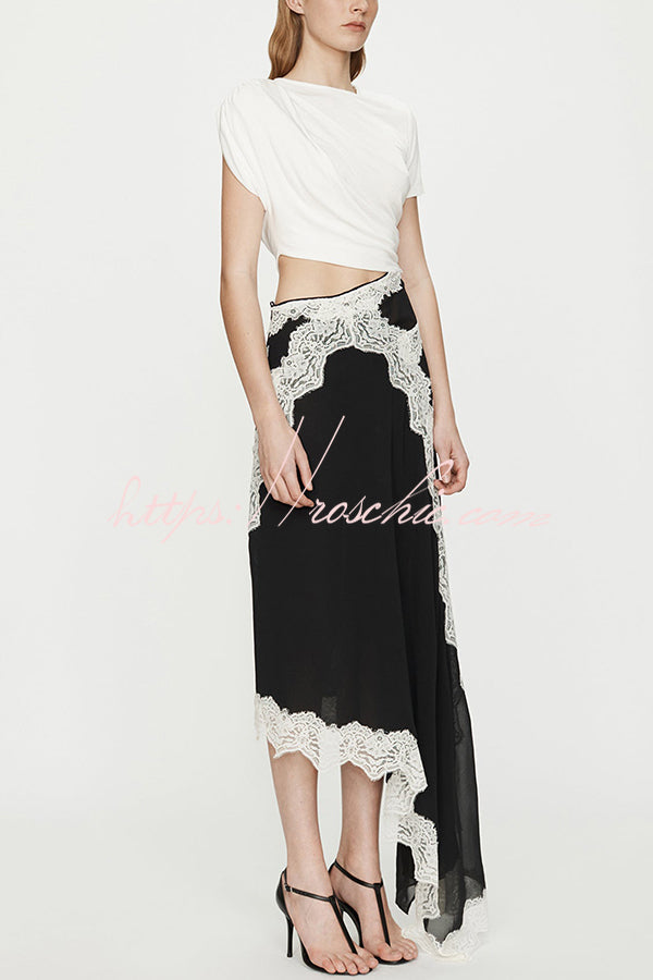 Twisted Drape Chiffon Lace Trim Maxi Dress – Loose Fit