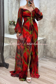 Off Shoulder Printed Pleated Maxi Dress with Diamond Detail