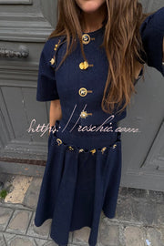 Denim Maxi Skirt with Metal Pattern Buttons & Lace-up Waist