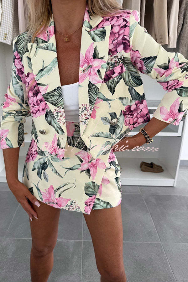Floral Print Crop Blazer with Lapel & Long Sleeves