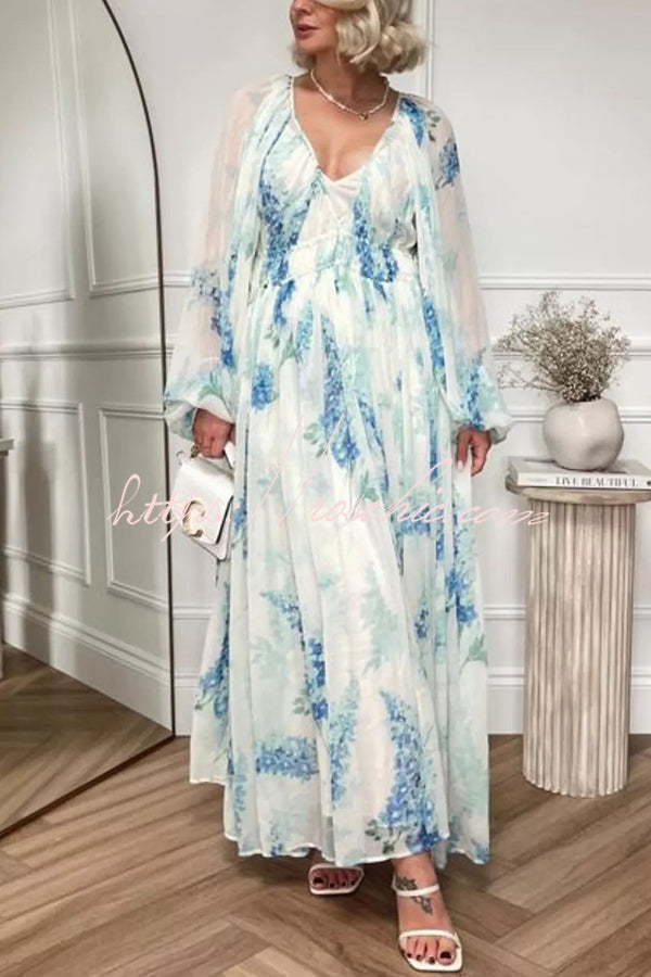 Chiffon Floral Maxi Dress with Drawstring Waist & Lantern Sleeves