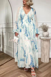 Chiffon Floral Maxi Dress with Drawstring Waist & Lantern Sleeves