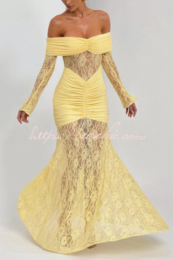 Off-Shoulder Lace Maxi Dress – Slim-Fit Long Sleeve
