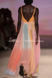 Chiffon Ombré Print Belted Vacation Maxi Dress