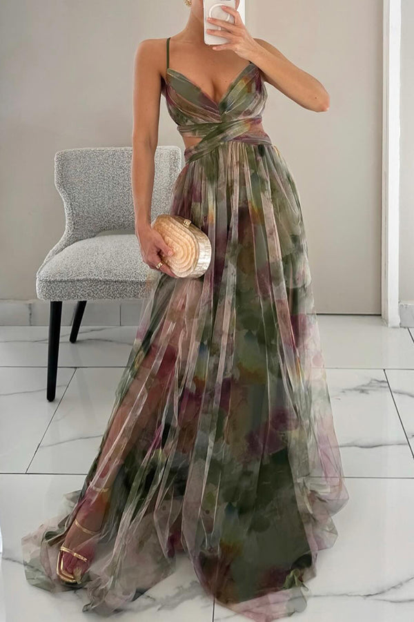 Floral Print Tulle Cutout Waist Lace-Up Maxi Dress