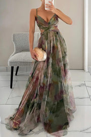 Floral Print Tulle Cutout Waist Lace-Up Maxi Dress
