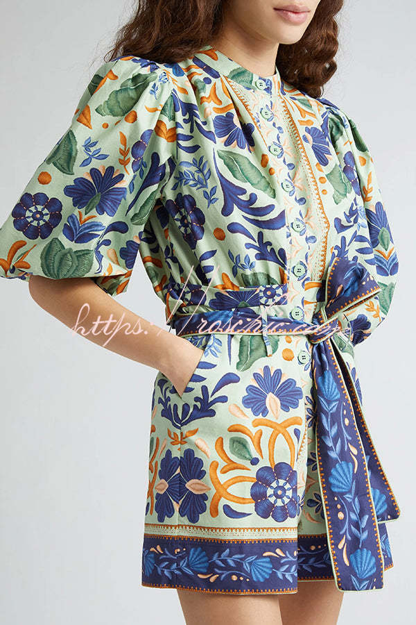 Linen Blend Puff Sleeve Romper with Pockets & Unique Print