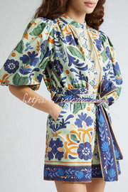 Linen Blend Puff Sleeve Romper with Pockets & Unique Print