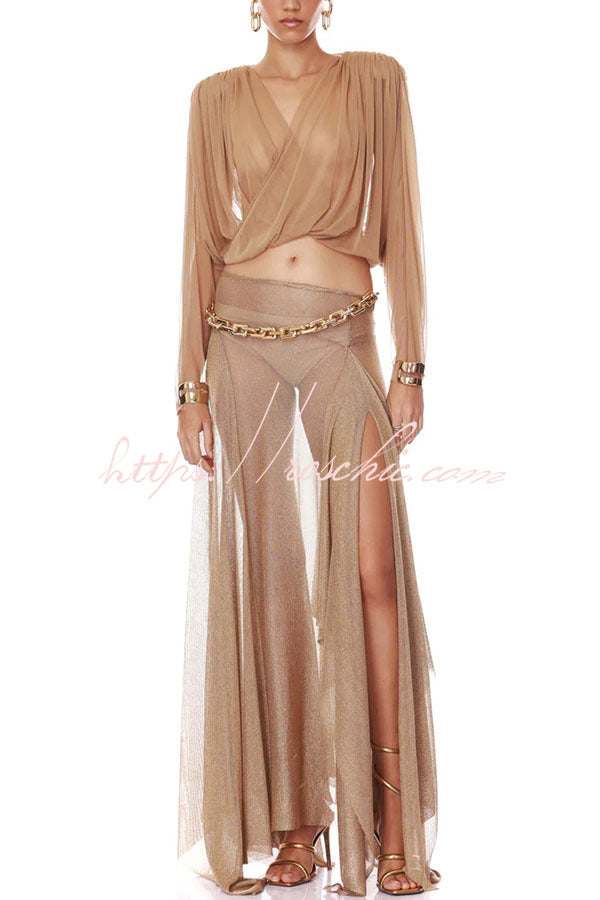 Metallic Knit Long Sleeve Crop Top and Maxi Skirt Set