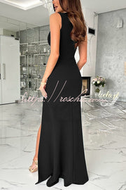 V-Neck Ruched Slit Maxi Dress for Parties