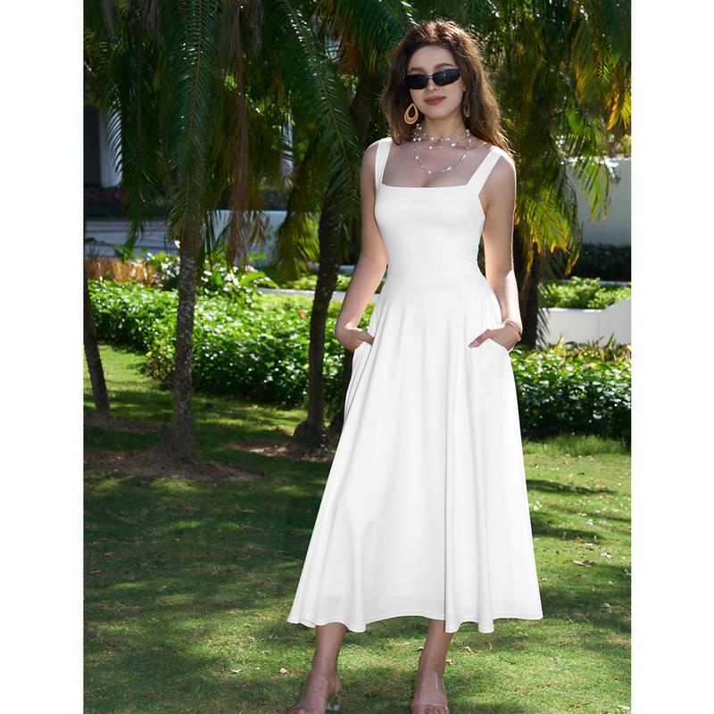 OYS Women's Casual Sleeveless Square Neck A-Line Solid Slim Flowy Long Dress with Pockets & Back Tie Detail Design