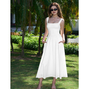 OYS Women's Casual Sleeveless Square Neck A-Line Solid Slim Flowy Long Dress with Pockets & Back Tie Detail Design
