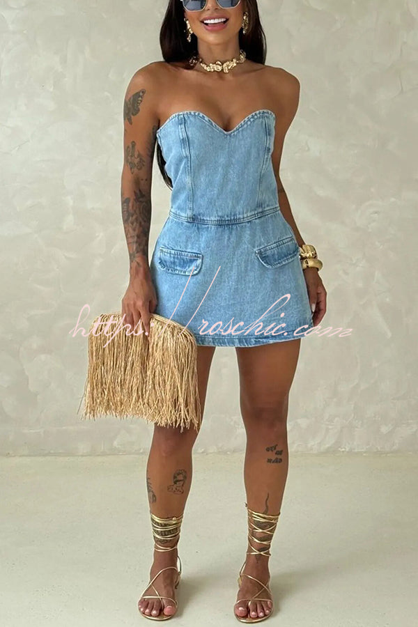 Denim Off Shoulder Smocked Romper – Loose Fit Vacation Style