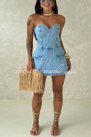 Denim Off Shoulder Smocked Romper – Loose Fit Vacation Style