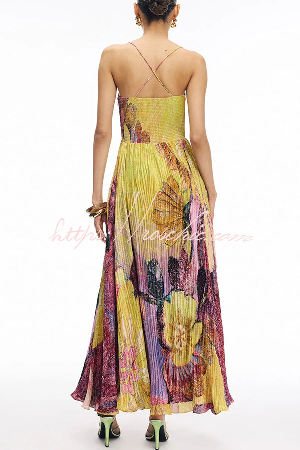Robe longue plissée sans manches à col en cœur et imprimé floral