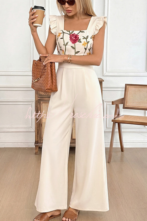 Floral Embroidered Ruffle Trim Sleeveless Jumpsuit
