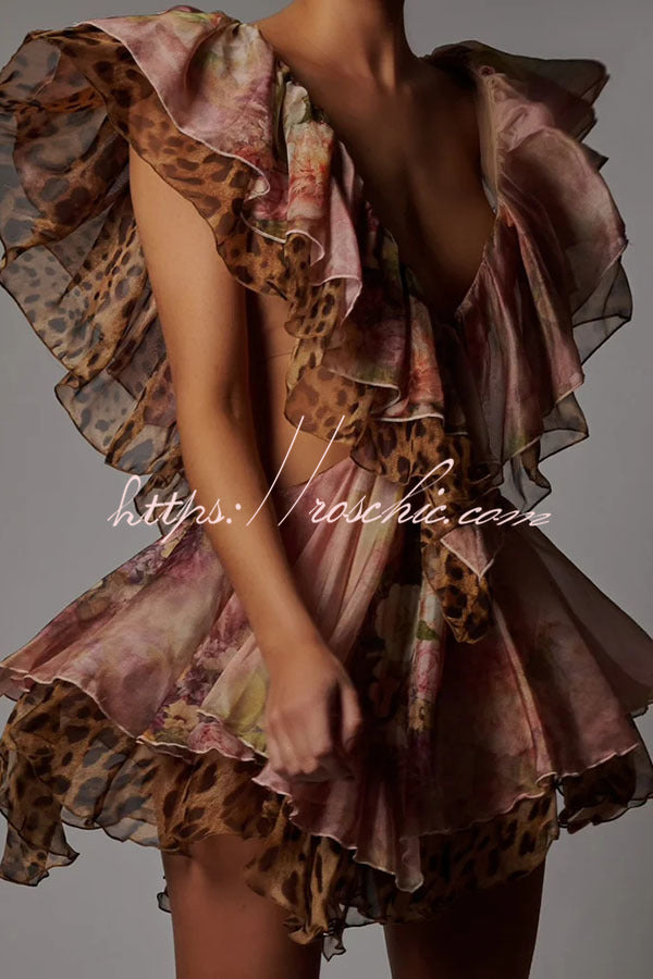 Floral Leopard Print Cutout Waist Tiered Ruffle Mini Dress
