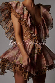 Floral Leopard Print Cutout Waist Tiered Ruffle Mini Dress