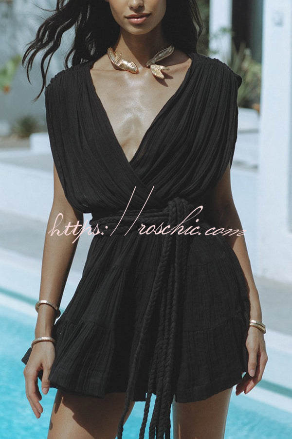 Linen Blend Draped Mini Dress with Braided Belt Detail