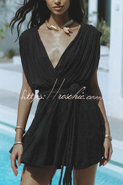 Linen Blend Draped Mini Dress with Braided Belt Detail