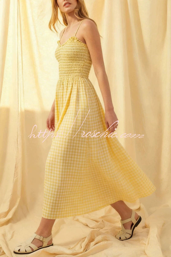 Plaid Print Ruched Maxi Dress with Pockets