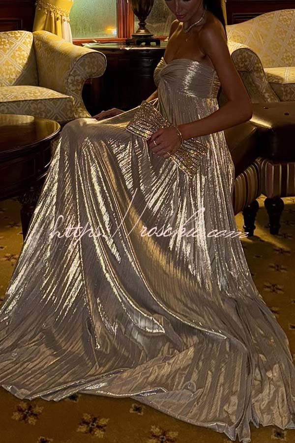 Metallic Pleated Off Shoulder Twist Bust Slit Maxi Dress