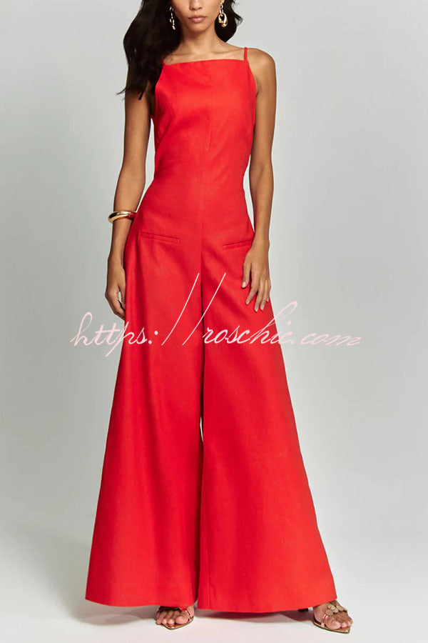Linen Blend Wide Leg Jumpsuit with Square Neck & Pockets