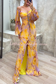 Off Shoulder Printed Pleated Maxi Dress with Diamond Detail