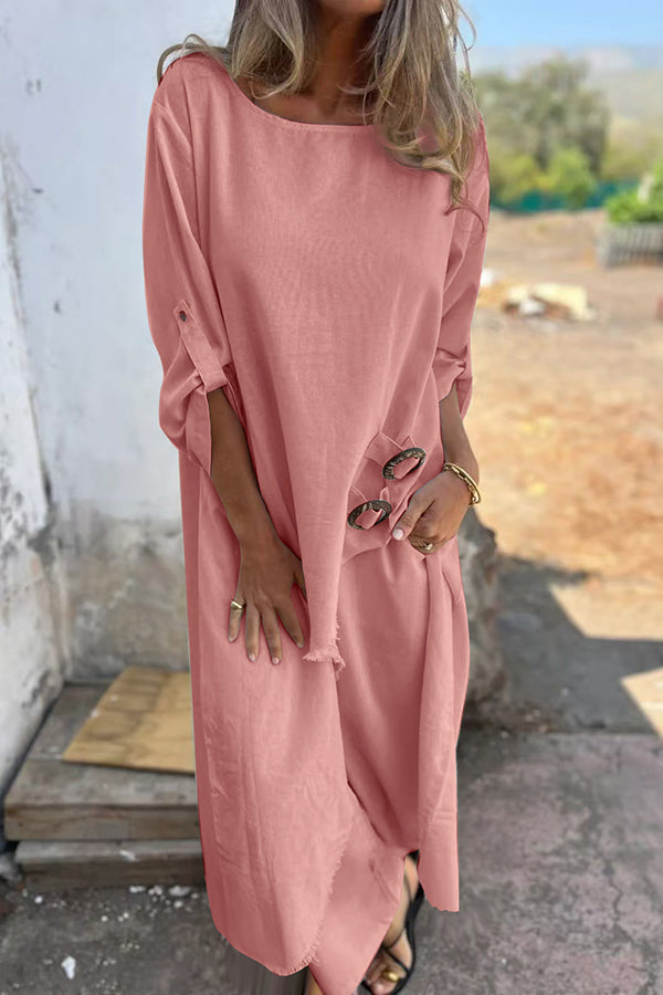 Linen Blend Midi Blouse and Wide-Leg Pants Set