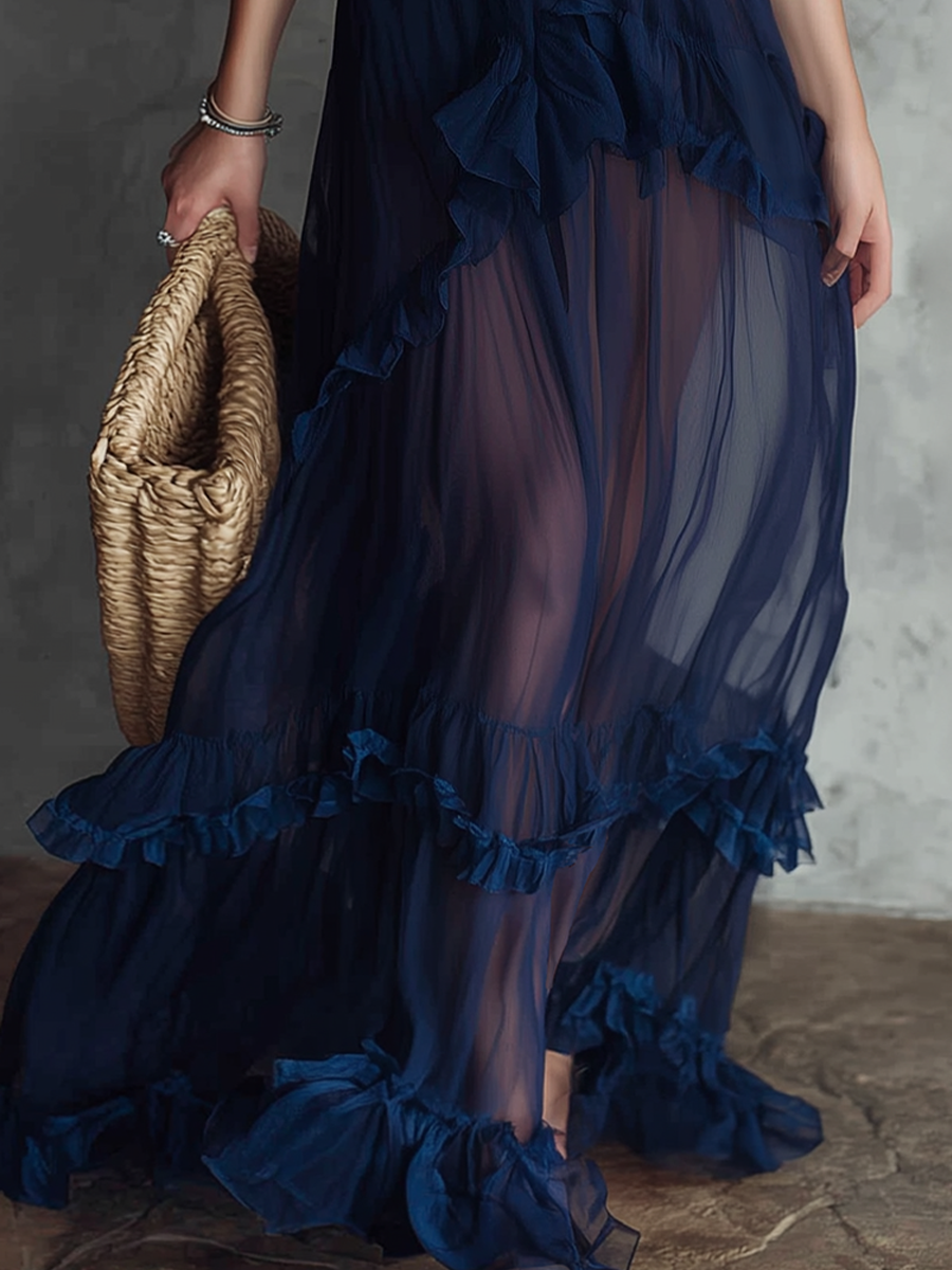 Sheer Ruffle Trim Sleeveless Maxi Dress | Flowy & Feminine