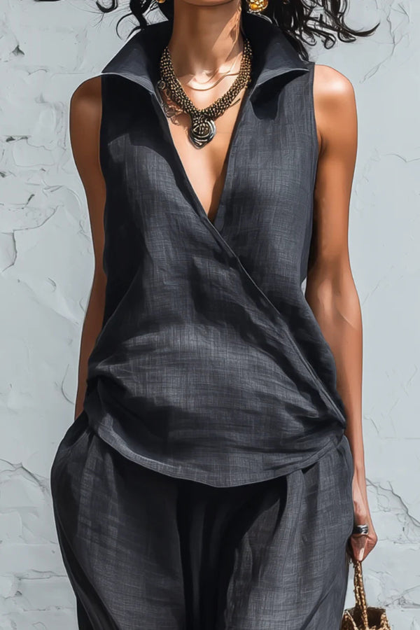 Linen Blend Sleeveless Top & Elastic Waist Pants Set