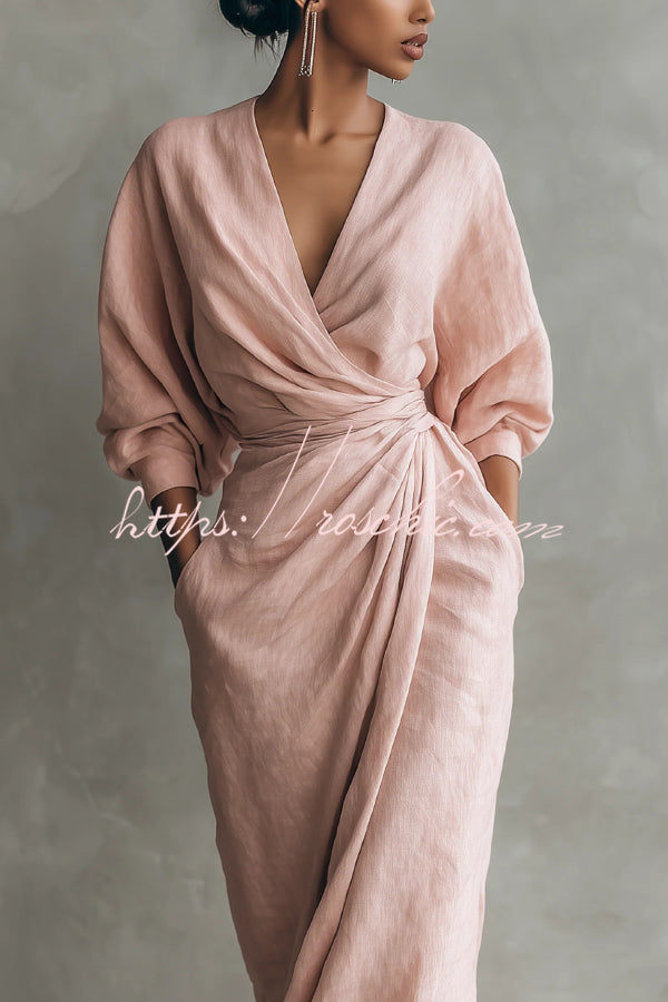 Linen Blend Maxi Dress | Loose V-Neck with Pleated Waist
