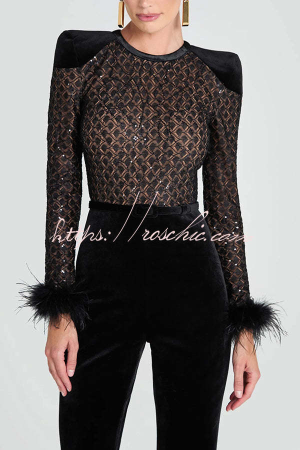Lace Sequin Velvet Patchwork Flare Jumpsuit with Feather Trim